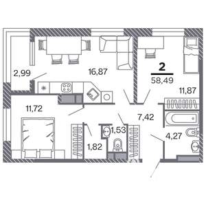 2-к квартира, строящийся дом, 58м2, 5/25 этаж