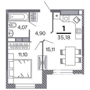1-к квартира, строящийся дом, 35м2, 15/25 этаж
